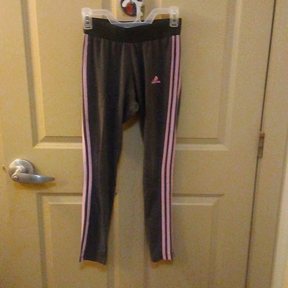 Adidas Women's leggings. Gray with ight pink stripes down the sides. Comfortable
